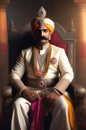 photorealistic image of a royal rajput maharaja sitting on his throne in his palace with a diamond studded sword kept standing leaning on the arm of the throne. Multiple colorful diamomd studded rings in maharajas fingers, dark black hair with multi colored royal pagdi on his head. Moustache with a hint of gray hair, image of rising sun over his throne, ultra realistic depicting Indian royalty, 4K, cinematic look, HD, detailed, sharp, photorealistic
