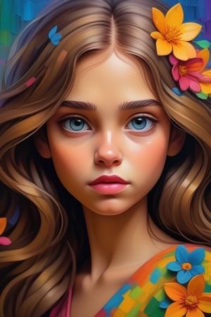 Create an alcohol painted image of a young girl face with long hair, masterpiece, top quality, extremely detailed, colorful vibrant color, flowers, in the sytle of colored zentagnel and filigrees highest detailed abstract background, impasto paint. 3D, HDR, impressionist style,<lora:659095807385103906:1.0>