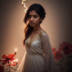 Create a front view of Indian woman face in a flowing dress made of intricately designed red white hibiscus flowers troubled mood, dark colored hazy background with a streak of orange light  coming in front from the back and glowing side face, 3d, intricate, sharp, photo realistic, 16K
