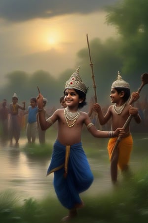 A young lord Krishna, with his dark blue skin and peacock feather crown, is enjoying a playful day with his friends in Mathura. They run and laugh along the banks of the Yamuna river, splashing water at each other and stealing glances at the gopis. The sky is overcast with dark clouds, but the sun occasionally breaks through, creating a mystical atmosphere. The scenery around them is lush and green, with fragrant flowers and ripe fruits. The sound of flutes and drums fills the air, as the villagers celebrate the arrival of the monsoon season. 4K, cinematic look, HD, detailed, sharp, photorealistic
