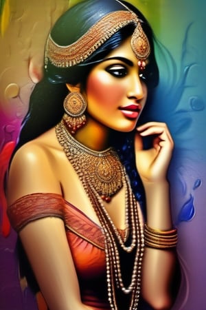 Art nouveau, a very beautiful Indian glamorous girl, color splash and color leaking, impasto painting background, 3D, HDR