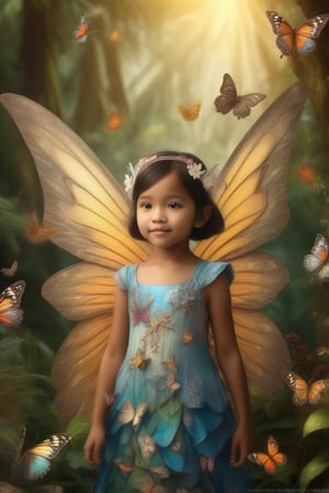 Fantastical scene of a little Indonesian girl with fairy wings, surrounded by butterflies and a small bird. The girl is wearing a detailed, layered dress amd os sottomg pm tje ground amidst foliage. The girl has large, detailed fairy wings with intricate. 3D, HDR