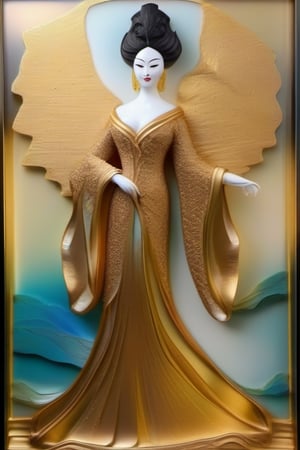 Alcohol ink with gold leading edge in 3D, portrait of beautiful Asian woman with venetian mask and long dress haute couture, staned glass muted colors, highly detailed, 3D, bas relief HDR, 16K, sharp.