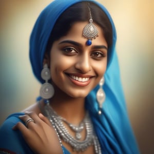 A beautiful Indian woman wearing a blue headscarf, a red nose ring, and silver jewelry smiles shyly. [portrait, photorealistic, soft focus, warm colors], 3D, hyper realistic, sharp eyes in blue
