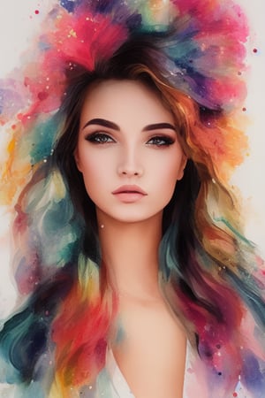 Colorful beautiful woman, a woman 18-years old, multiple colors messy hair, watercolor, nice perfect face, multiple colors, intricate detail, splash screen, 8k resolution, masterpiece, cute face, art station digital painting smooth very black ink flow, 8k resolution photorealistic masterpiece, intricately detailed fluid gouache painting, calligraphy, acrylic, watercolor art, professional photography, natural lighting, volumetric lighting maximalist, complex, elegant, expansive, fantastical, inkling girl, oval face, sharp eyes, curli thick hair