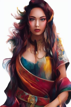 Colorful beautiful woman, a woman 18-years old, multiple colors messy hair, watercolor, nice perfect face, multiple colors, intricate detail, splash screen, 8k resolution, masterpiece, cute face, art station digital painting smooth very black ink flow, 8k resolution photorealistic masterpiece, intricately detailed fluid gouache painting, calligraphy, acrylic, watercolor art, professional photography, natural lighting, volumetric lighting maximalist, complex, elegant, expansive, fantastical, inkling girl, oval face, sharp eyes, curli thick hair