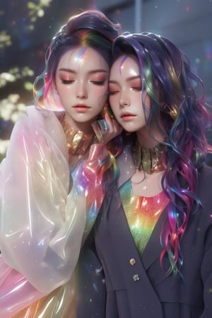 (masterpiece, best quality, anime), beautiful woman, upper body shot, eyes closed, rainbow hair, rainbow body, rainbow transparent coat, Xxmix_Catecat,3d style,EpicSky, 4k, sharp, extremely fine details, cinematic look, HD, 