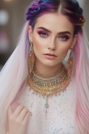 Beautiful portrait, hyperrealistic model with colorful hair and a rainbow, 4k, HD, super detailed, extra sharp, beautiful eyes