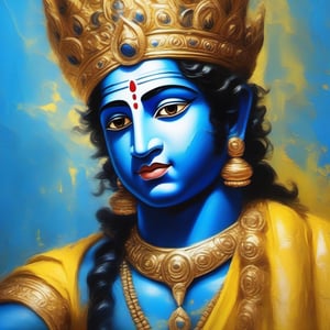 Hindu God Krishna , closeup, sharp eyes, light blue skin, half face, cracked oil painting with visible lines yellow blue impasto background, 16k, super high quality, hyper realistic
