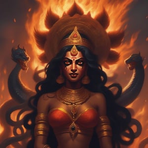 Against a backdrop of dark night, from which erupts a stream of fiery lava, stands a statue of the Indian goddess Kali. Her dark skin gleams in the light of the blazing flames, her expression fierce and wise. In her eight arms, she wields weapons and symbols, each embodying power and wisdom. A crown of skulls and feathers adorns her head, while her hair is entwined with hissing, menacing snakes. Around her neck hangs a necklace of severed demon heads, and a belt of snake skin coils around her waist. The gaze of the goddess Kali is brimming with indescribable strength and prowess, her feet planted upon the corpses of fallen foes.
