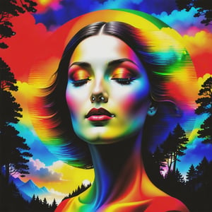 surrealistic artwork featuring a serene woman's face with closed eyes, seamlessly blended in to a lush forest landscape, VIVID, RAINBOW COLORED SPIRALS ADORN her face, a radiant, fan like spread of color  forms backdrop, revealing structures and CASCADING WATERFALL, SET AGAINST a vibrant sky transitioning from sunrise to night, the entire scene is framed by over hanging branches, 3D, hyper realistic and sharp, heavily detailed.
