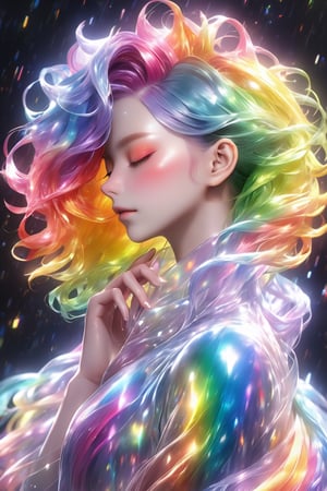 (masterpiece, best quality, anime), beautiful woman, upper body shot, eyes closed, rainbow hair, rainbow body, rainbow transparent coat, Xxmix_Catecat,3d style,EpicSky