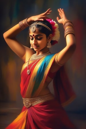 Capture the grace and vibrancy of a teenage Indian classical dancer in the midst of a captivating performance through a mesmerizing oil painting, impressionist, color leak, 4K, cinematic look, HD, detailed, sharp, photorealistic
