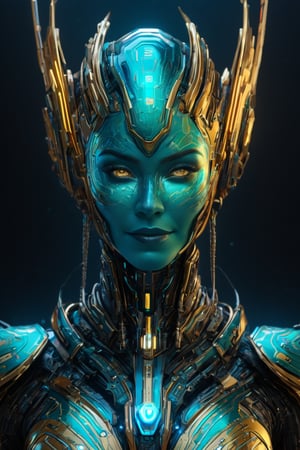 impossibly beautiful portrait of nebula (Guardian of the galaxy) in which the Irish is made of an thin arrangement of strands of metal, nanotechnology, which forms a high-tech electronic circuit, and the head is made of a robotic sensor, teal and gold, insane smile, intricate complexity, surreal horror, inverted neon rainbow drip paint, trending on art station, photoreal, 8 k, octane render by greg rutkowski,cyborg style