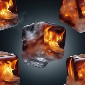 Create an image of four Ice cubes with fire on it in photorealistic look, 3D, sharp and detailed, 16K, wide shot 35mm lens