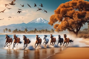 7 horses runing in the water facing viewer, high tide and splash of the water,  summer sky, orange sand in foreground, little seen mountain in background, sharpest image, 4k, HD, high reso, photographic and cinematic look, flying birds in rows, weird big tree on right side, 