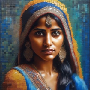 A captivating and innovative art piece that showcases a stunning portrait of a Indian woman in hexagonal mosaic 3D form. The color portrait of Indian beauty exudes elegance, with the woman's blue eyes as the focal point, drawing the viewer in. Surrounding the portrait, an old analog glitch canvas adds a vintage touch, with matrix digital rain effects intertwining beautifully with palette knife digital painting techniques. The composition is visually striking and unique, offering a fresh perspective on traditional and digital art, photo 8K, hyper realistic and sharp