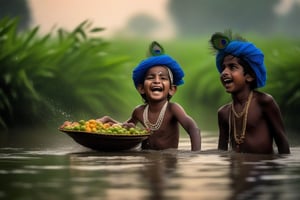 A young lord Krishna, with his dark blue skin and peacock feather crown, is enjoying a playful day with his friends in Mathura. They run and laugh along the banks of the Yamuna river, splashing water at each other and stealing glances at the gopis. The sky is overcast with dark clouds, but the sun occasionally breaks through, creating a mystical atmosphere. The scenery around them is lush and green, with fragrant flowers and ripe fruits. The sound of flutes and drums fills the air, as the villagers celebrate the arrival of the monsoon season. 4K, cinematic look, HD, detailed, sharp, photorealistic
