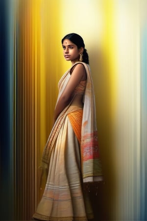 Create an image of Indian young girl looking gracefully at viewers, impasto painting, color leaks and splashes, full body character design, Abstract Expressionism, Cinematic Lighting, Alan Lee, 100mm, Cornsilk, 3d fractals, Journalist