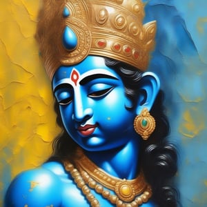 Hindu God Krishna, light blue skin, half face, cracked oil painting with visible lines yellow impasto background, 16k, super high quality, hyper realistic
