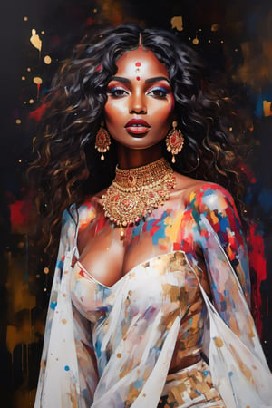 nude high fashion woman, 30 years, (masterpiece, top quality, best quality, official art, beautiful and aesthetic:1.2), (half body shot) ,(black skinned),(enhanced fake rounded breasts 32D), show boobs, abstract painting splashes, (detailed realistic nipple visible), black long curly flying hair, colourful face makeup, (red lips), colorful eyeshadow, glitter in the face ,extremely detailed, ,highest detailed, (dynamic pose), splash colours, colorful body painting, (blured abstract sureal colorful background) ,(gold earrings), (gold choker) , nude, Detailedface,Detailedeyes, dripping paint, Indian look