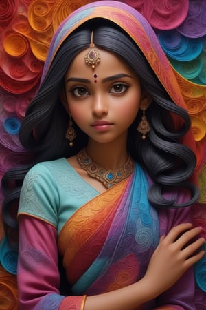 Fractal desing, paper layering and quilling techniques, beautiful Indian 16 years girl, coverred in Muslim clothes and tranformed into flowing streams of batik and colorful shapes, antomical correct, hyperdetailed, hyperrealistic, hdr, 3d, sharp, HDR, ,<lora:659095807385103906:1.0>