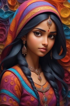 Fractal desing, paper layering and quilling techniques, beautiful Indian 16 years girl, coverred in Muslim clothes and tranformed into flowing streams of batik and colorful shapes, antomical correct, hyperdetailed, hyperrealistic, hdr, 3d, sharp, HDR, ,<lora:659095807385103906:1.0>