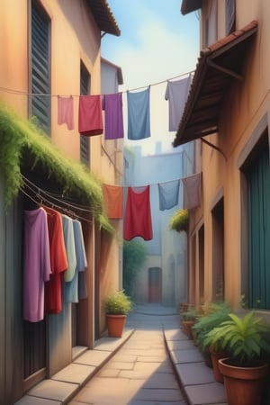 A watercolor painting of an old street with clothes hanging on a line in front of it. The clothes are colorful and varied, and the plants around the street add some greenery to the scene. The painting has a rustic and serene feel with visible brush strrokes and muted tones in 3d, HDR,<lora:659095807385103906:1.0>