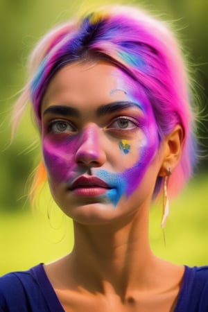 Make painted face of a beautiful yound girl with colorful hair portrait, indian look, HD, cinematic look, photographically superp, sharp eyes,