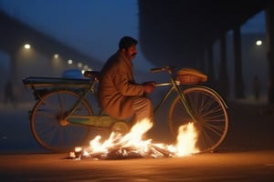 close up full length view of a rickshaw puller lighting fire to keep himself warm under a flyover in a cold winter night in Delhi,clearly defined eyes ,nose and lips ,in the background some cycle rickshaws and stray dogs , 4k, photorealistic, HD
