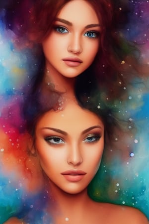 Colorful beautiful woman, a woman 18-years old, multiple colors messy hair, watercolor, nice perfect face, multiple colors, intricate detail, splash screen, 8k resolution, masterpiece, cute face, art station digital painting smooth very black ink flow, 8k resolution photorealistic masterpiece, intricately detailed fluid gouache painting, calligraphy, acrylic, watercolor art, professional photography, natural lighting, volumetric lighting maximalist, complex, elegant, expansive, fantastical, inkling girl, oval face, sharp eyes, curli thick hair