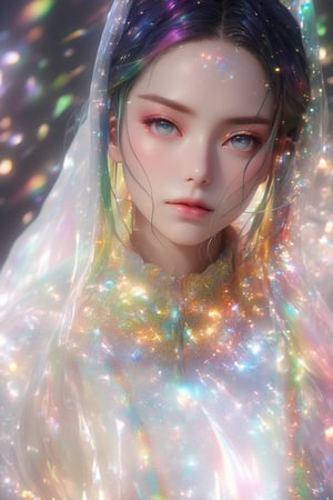 (masterpiece, best quality, anime), beautiful woman, upper body shot, eyes closed, rainbow hair, rainbow body, rainbow transparent coat, Xxmix_Catecat,3d style,EpicSky, 4k, sharp, extremely fine details, cinematic look, HD, 