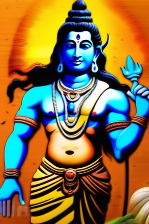 front smart faced, Lord Shiva  is walking in front, vibrant artistic painting, impasto and color splashing, embossed images