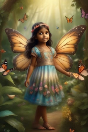 Fantastical scene of a little Indian girl with fairy wings, surrounded by butterflies and a small bird. The girl is wearing a detailed, layered dress amd os sottomg pm tje ground amidst foliage. The girl has large, detailed fairy wings with intricate. 3D, HDR