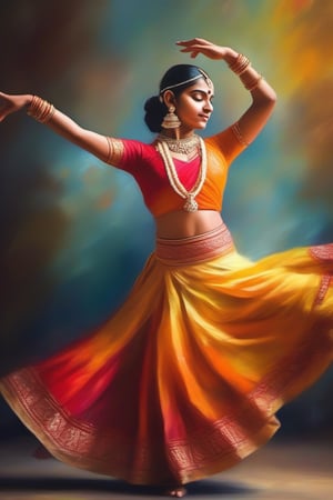 Capture the grace and vibrancy of a teenage Indian classical dancer in the midst of a captivating performance through a mesmerizing oil painting, impressionist, color leak, 4K, cinematic look, HD, detailed, sharp, photorealistic
