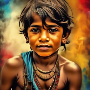 Art nouveau, a very beautiful Indian glamorous tribal boy, color splash and color leaking, impasto painting background, 3D, HDR