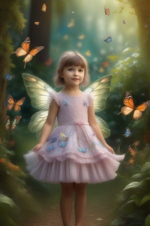 Fantastical scene of a little girl with fairy wings, surrounded by butterflies and a small bird. The girl is wearing a detailed, layered dress amd os sottomg pm tje ground amidst foliage. The girl has large, detailed fairy wings with intricate. 3D, HDR