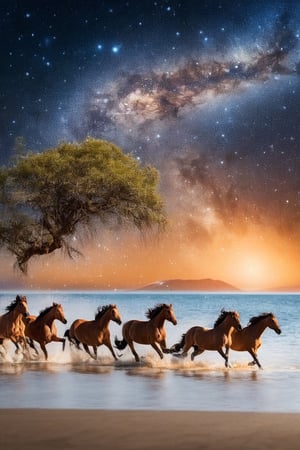 Seven horses runing from left in the water, high tide and splash of the water, starry skies, summer sky, orange sand in foreground, little seen mountain in background, sharpest image, 4k, HD, high reso, photographic and cinematic look, flying birds in rows, weird big tree on right side, sunlight coming from left to right