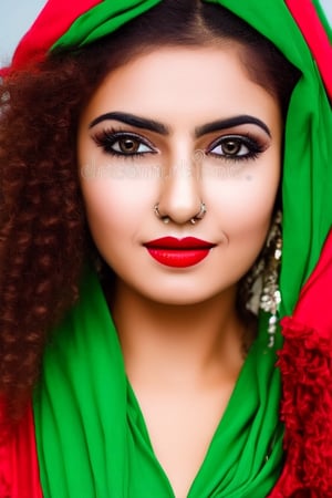 Beautiful young Afghanian Muslim girl with curly hair, colored face, sharp blue eyes, red lips, HD quality, high resolution, painted face, one third attractive figure, green n white dupatta, side face, cinematic look, photographic quality, tatoo on face