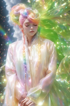 (masterpiece, best quality, anime), beautiful woman, upper body shot, eyes closed, rainbow hair, rainbow body, rainbow transparent coat, Xxmix_Catecat,3d style,EpicSky, 4k, sharp, extremely fine details, cinematic look, HD, 