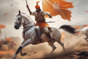 The maratha warrior in battle, chasing with his open sword and white horse towards enemies, orange flags in battlefield, sharp details, full figure, $K, cinematic look, HD, detailed, sharp, photorealistic
