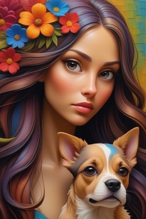 Create an image of a dog and a woman face with long hair, masterpiece, top quality, extremely detailed, colorful vibrant color, flowers, in the sytle of colored zentagnel and filigrees highest detailed abstract background, impasto paint. 3D, HDR,<lora:659095807385103906:1.0>