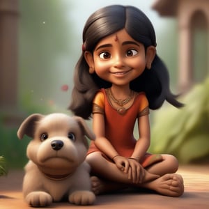 Share a funny or whimsical image, like cartoon of Indian little girl with her puppy in 3D, hyper realistic sharp, 16K
