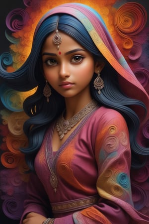 Fractal desing, paper layering and quilling techniques, beautiful Indian 16 years girl, coverred in Muslim clothes and tranformed into flowing streams of batik and colorful shapes, antomical correct, hyperdetailed, hyperrealistic, hdr, 3d, sharp, HDR, one third figure,<lora:659095807385103906:1.0>