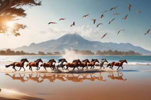 Seven horses runing from left in the water, high tide and splash of the water,  summer sky, orange sand in foreground, little seen mountain in background, sharpest image, 4k, HD, high reso, photographic and cinematic look, flying birds in rows, weird big tree on right side, sunlight coming from left to right