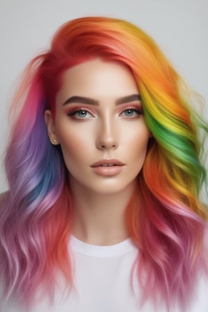 Beautiful portrait, hyperrealistic model with colorful hair and a rainbow