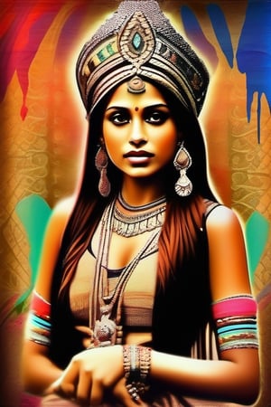 Art nouveau, a very beautiful Indian glamorous tribal girl, color splash and color leaking, impasto painting background, 3D, HDR