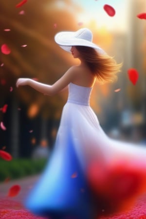 blue, red, white and orange bonnet in full bloom, petals are dancing in the wind, petals gradually transform into a woman dancing in the air and woman's dress, close up, a fantabulous sight, bokeh, hyper realistic HD, 3D, photorealistic