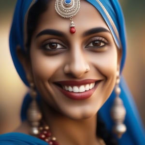 A beautiful Indian woman wearing a blue headscarf, a red nose ring, and silver jewelry smiles shyly. [portrait, photorealistic, soft focus, warm colors], 3D, hyper realistic, sharp eyes in blue with oval face
