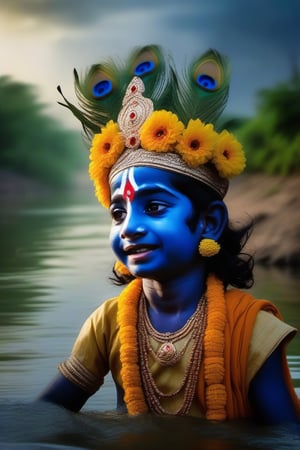 A young lord Krishna, with his dark blue skin and peacock feather crown, is enjoying a playful day with his friends in Mathura. They run and laugh along the banks of the Yamuna river, splashing water at each other and stealing glances at the gopis. The sky is overcast with dark clouds, but the sun occasionally breaks through, creating a mystical atmosphere. The scenery around them is lush and green, with fragrant flowers and ripe fruits. The sound of flutes and drums fills the air, as the villagers celebrate the arrival of the monsoon season. 4K, cinematic look, HD, detailed, sharp, photorealistic
